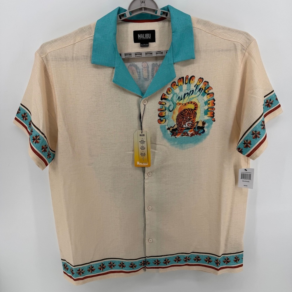 Malibu Drill Clothing Co Mens‎ California Dreamin Tiger Shirt Natural 2XL NEW
